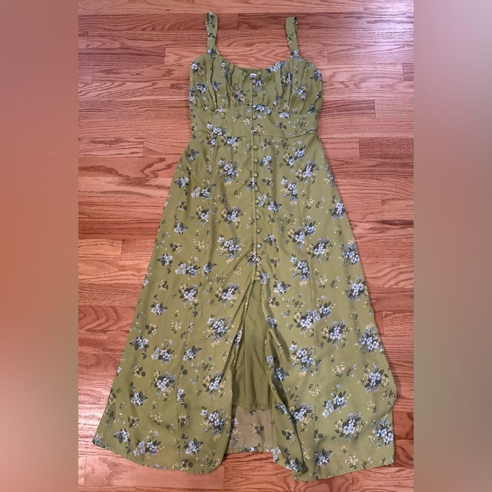 Abercrombie & Fitch Green Floral Cottagecore Maxi Dress Spaghetti Strap Size MT
